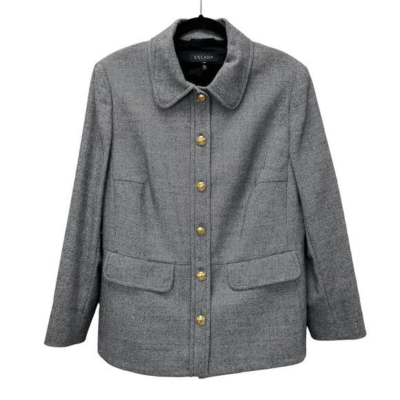 Escada Grey Herringbone Wool Button Front Jacket Womens 44 US 14 - Picture 1 of 8